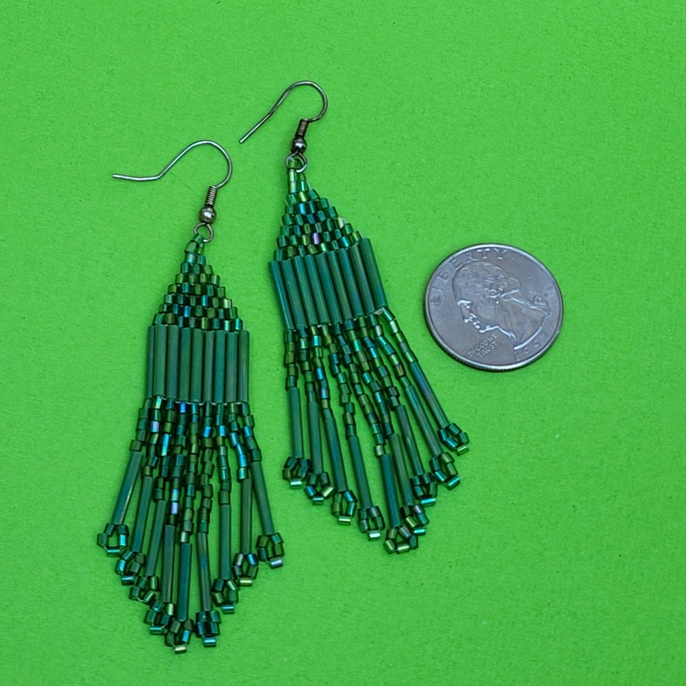 Vintage green seed beaded dangle drop earrings unique glam maximalist holiday